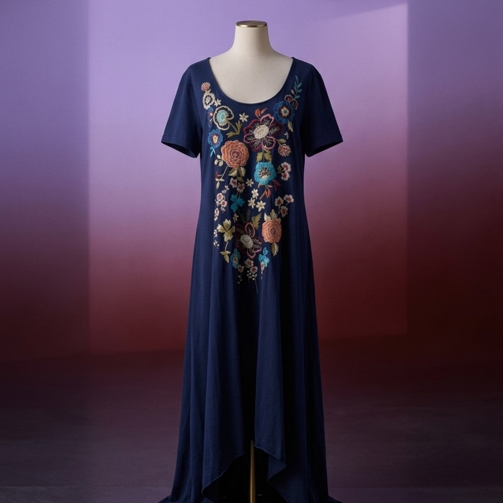 Johny Was size XL Embroidered Navy Floral Maxi Dress